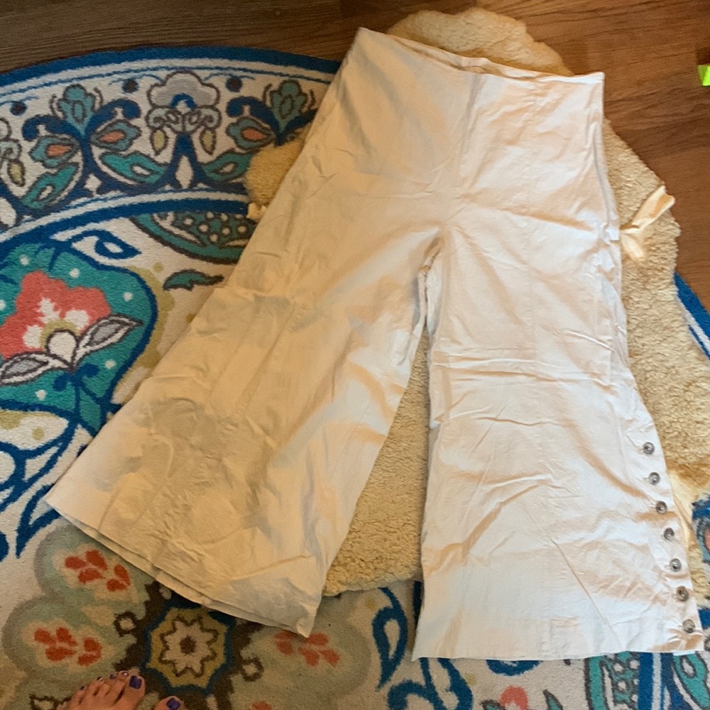 Anthropologie Linen Blend Wide Leg Cropped Pants with Buttons